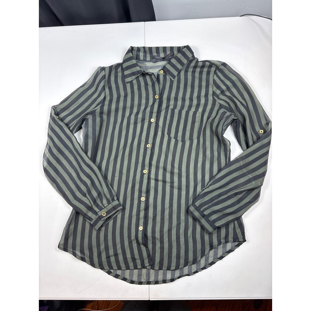 Olive Green‎ Black Striped Sheer Blouse Roll Tab Sleeve Ltweight Dark Academia M